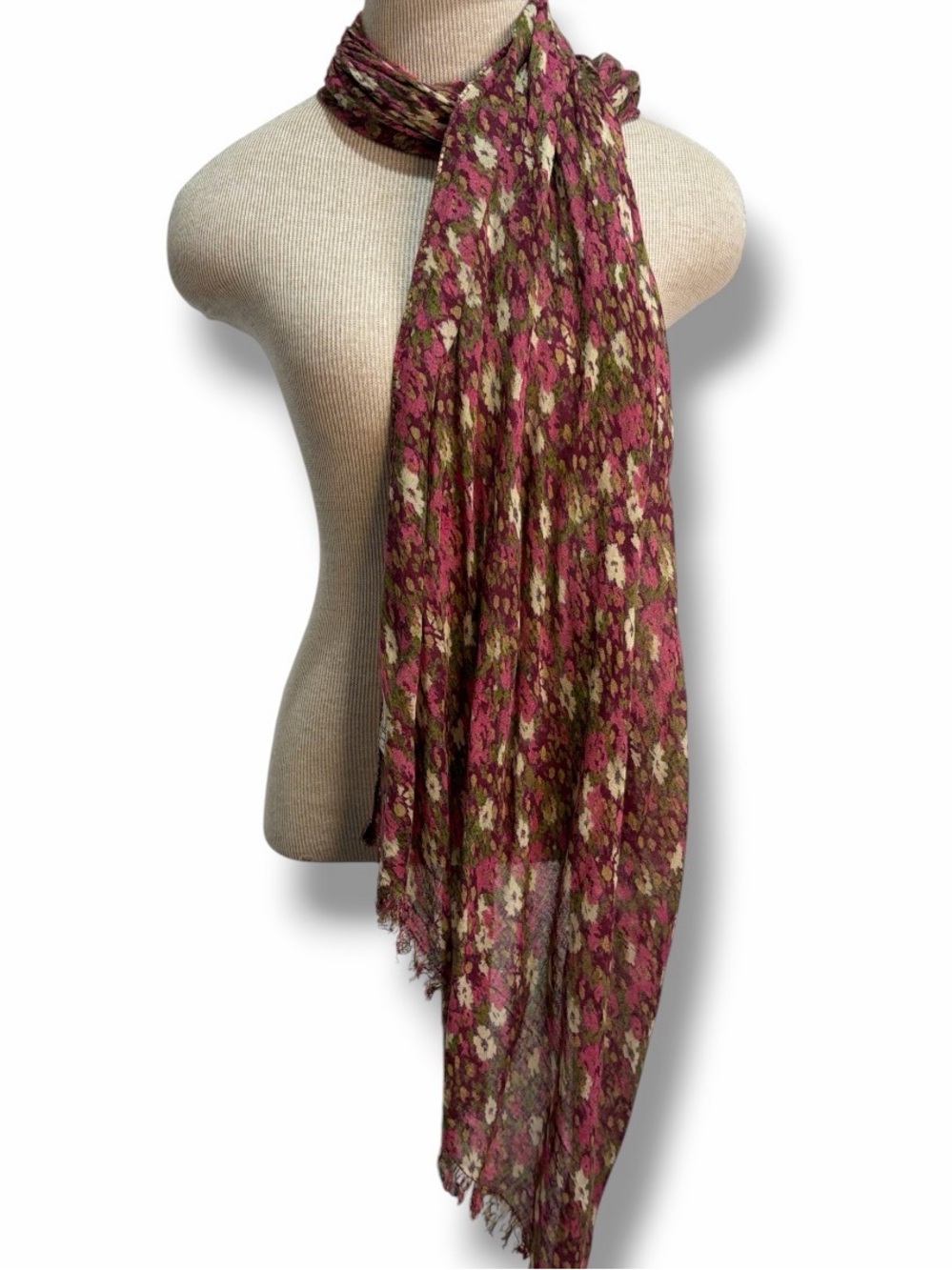 VTG L.L. Bean Floral Scarf Lightweight Pink Burgundy Rolled Edge 90s Cottagecore